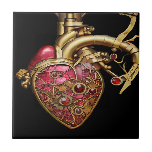 Azulejo Corazón de Steampunk Rubíes y Engranajes Anatómico (Frente)
