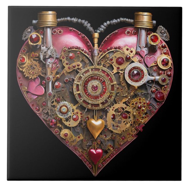 Azulejo Corazón de Streampunk Rubí de San Valentín (Frente)