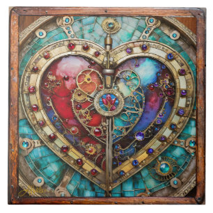 Azulejo Corazón de vidrio teñido rojo y azul serie Steampu