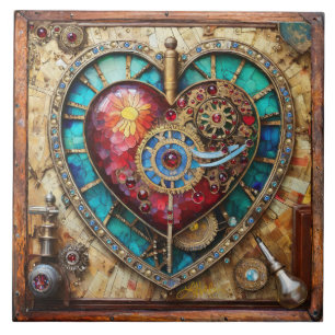 Azulejo Corazón de vidrio tintado de girasol serie Steampu