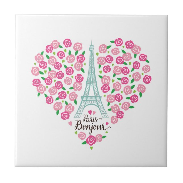 Azulejo Corazón floral de París Bonjour el | (Frente)