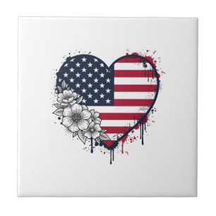 Azulejo Corazón Patriótico Diseño Floral de Grabado Vintag