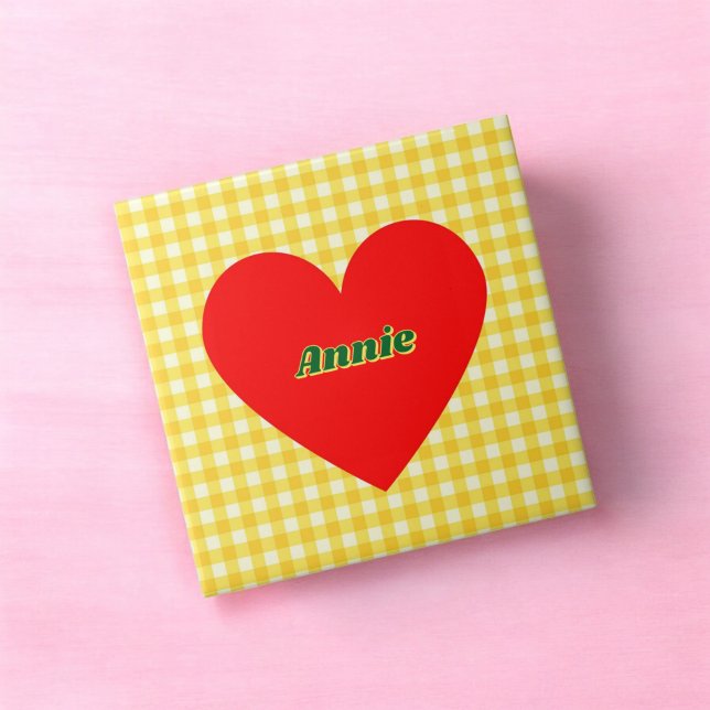 Azulejo Corazón Rojo Amarillo Gingham Día de San Valentín (Red Heart Yellow Gingham Valentine's Day Ceramic Tile)