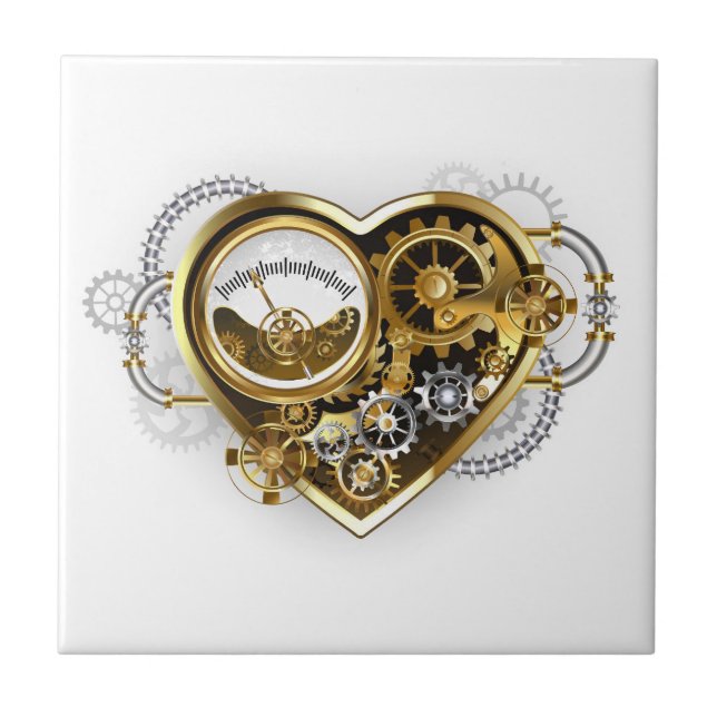 Azulejo Corazón Steampunk con un Manómetro (Frente)