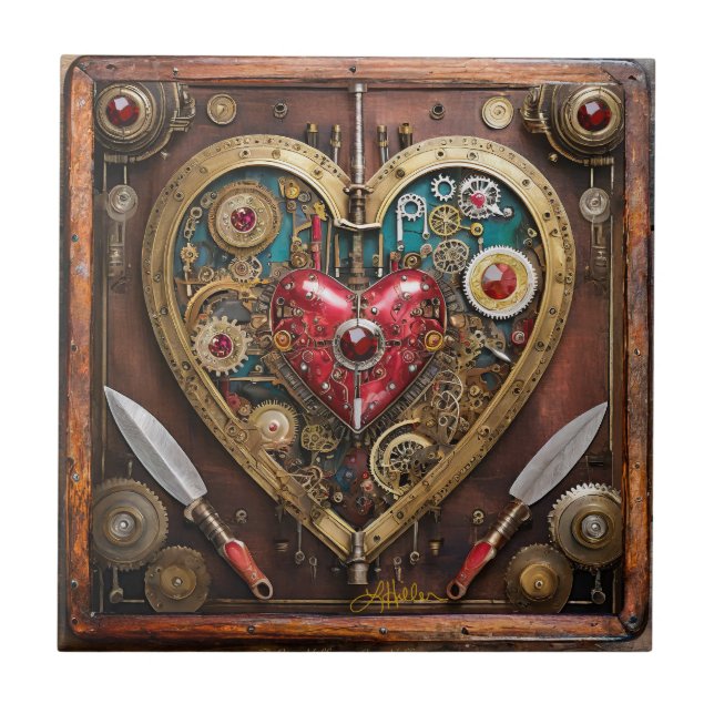 Azulejo Corazón Steampunk Rubíes y dagas para guerreros  (Frente)