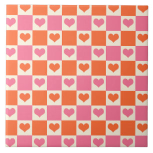 Azulejo Corazones de tablero de ajedrez en rosa, Naranja y