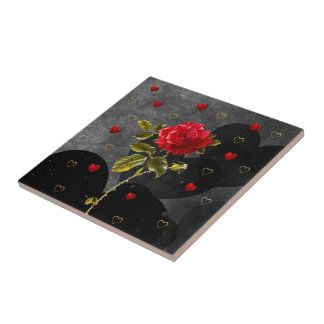 Azulejo Corazones negros ondulados con rosa roja