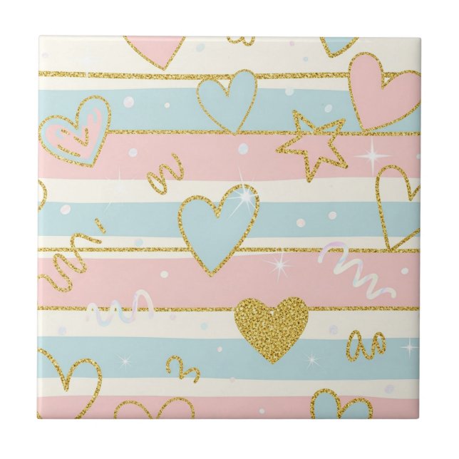 Azulejo Corazones pastel elegantes con acentos de franja d (Frente)