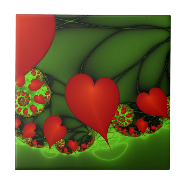 Azulejo Corazones rojos animan el arte fractal verde moder (Frente)