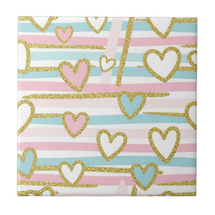 Azulejo Corazones románticos lindos y rayas pastel oro