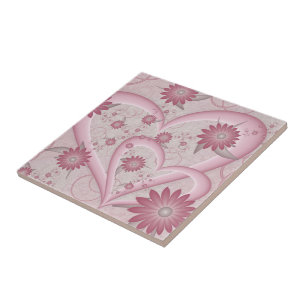 Azulejo Corazones y flores abstractos rosados Arte fractal