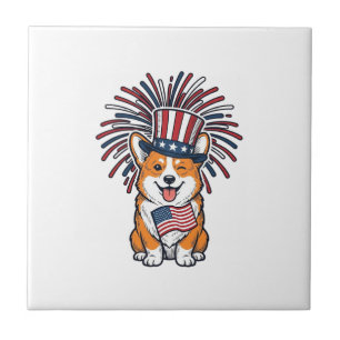 Azulejo Corgi Patriótico Fuegos Artificiales Diseño Vector