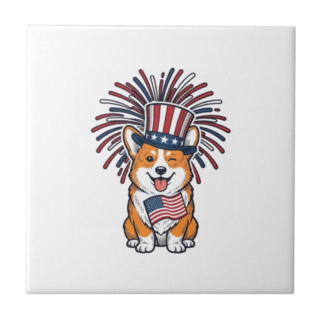 Azulejo Corgi Patriótico Fuegos Artificiales Diseño Vector (Frente)
