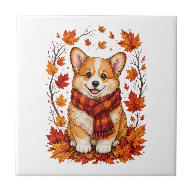 Azulejo Corgi perro acogedor de otoño (Frente)