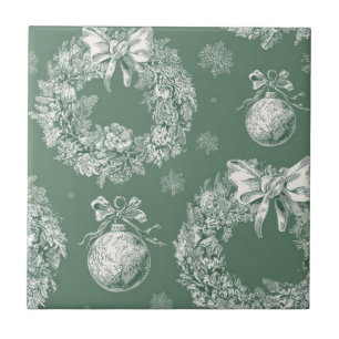 Azulejo Corona de Navidad Verde Salvia Toile Marfil Copos