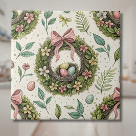 Azulejo Corona de Pascua de boj con lazo rosa y huevo