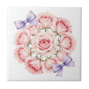 Azulejo Corona de Rosas Rosadas Acuarela Floral