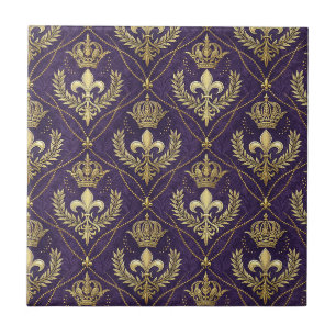 Azulejo Corona Dorada Fleur-de-lis Real Patrón Púrpura Art
