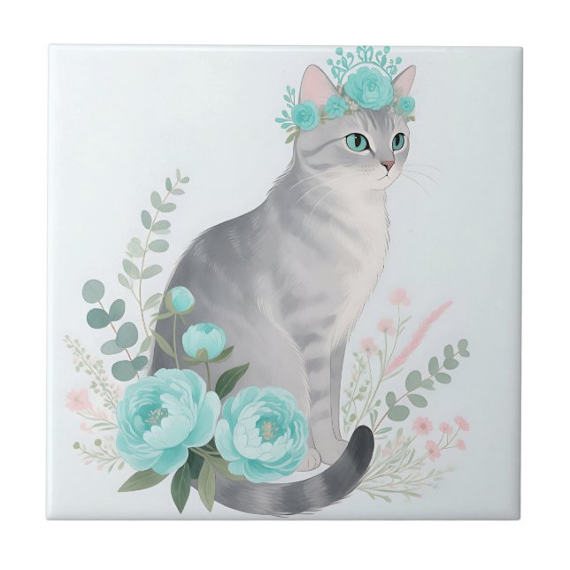 Azulejo Corona Floral Gato Gris (Frente)
