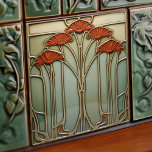 Azulejo Cosecha Crescendo Art Nouveau Tile Cerámico<br><div class="desc">Esta cautivadora cerámica te transporta a lo alto de la elegancia Art Nouveau, donde las formas de la naturaleza se reimaginan en diseños ornamentales. Un baldaquín de setas estilizadas o quizás hinchas florales en naranja de cosecha vibrante se despliega contra un sabio tranquilo y un lienzo de olivo pálido. Sus...</div>