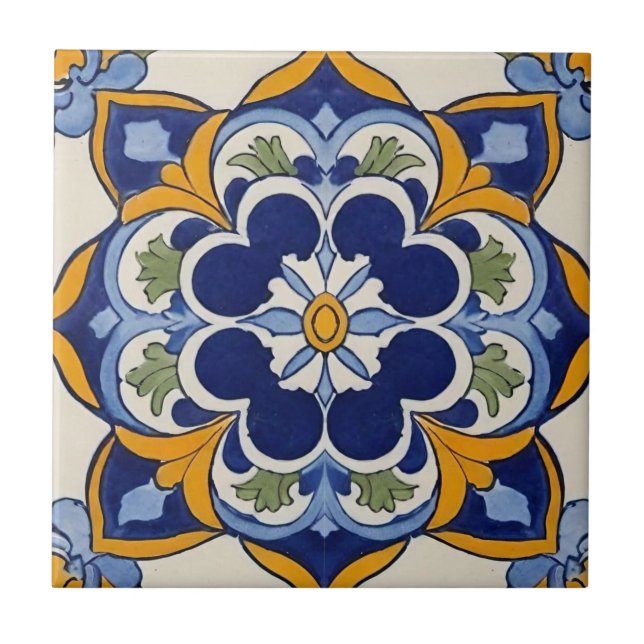 Azulejo cosecha de mosaico azul amarillo y verde (Frente)