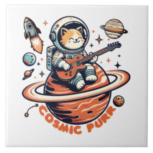 Azulejo Cosmic Purr - Astro Guitarrista Gato