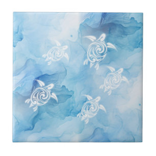 Azulejo Costa de acuarela azul de tortugas blancas