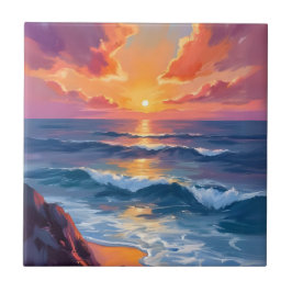 Azulejo Costa Dorada | Pintura de Acuarela de la Puesta de