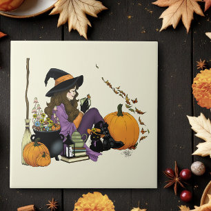Azulejo Cosy Witch Vibes Halloween Pumpkins Purple