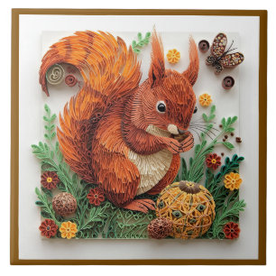 Azulejo Cottage Core Quilling Ardilla Roja en Otoño