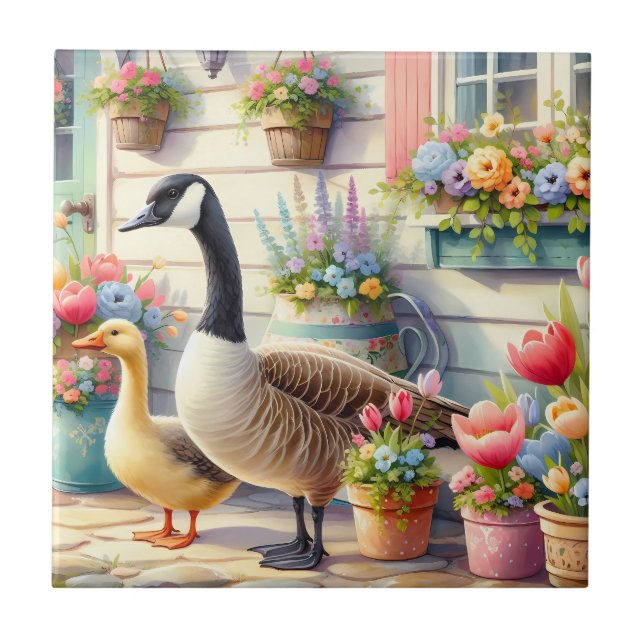 Azulejo Cottage Garden Geese Spring Illustration (Frente)