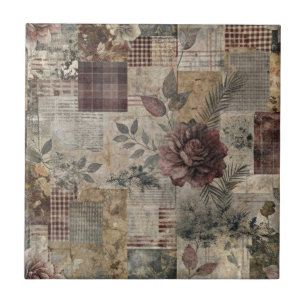 Azulejo Cottage Oscuro Floral Patchwork -Burgundy y Carbón
