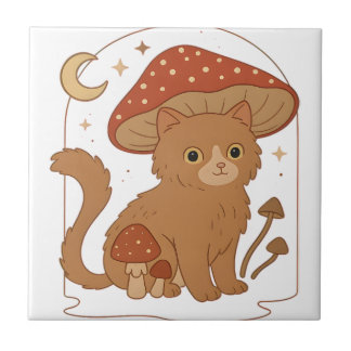 Azulejo Cottagecore Mushroom Cat with Hat – Cute Vintage G