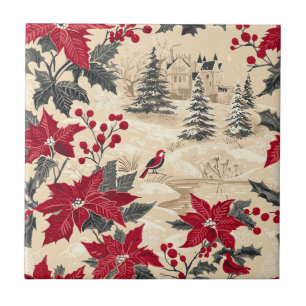 Azulejo Cottagecore Navidad Mansión Poinsettia Roja Crema