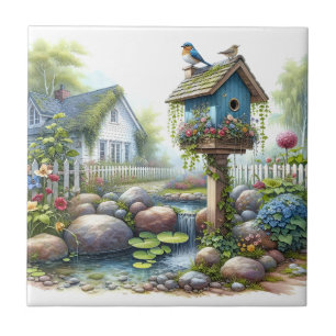 Azulejo Cottagecore Pajarera Jardín Acuarela