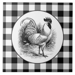 Azulejo Country Rooster mosaico de cheques blancos negros