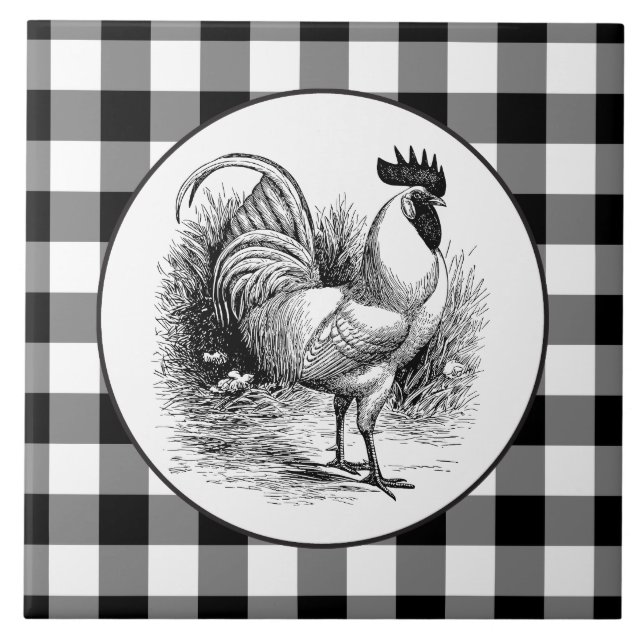Azulejo Country Rooster mosaico de cheques blancos negros (Frente)