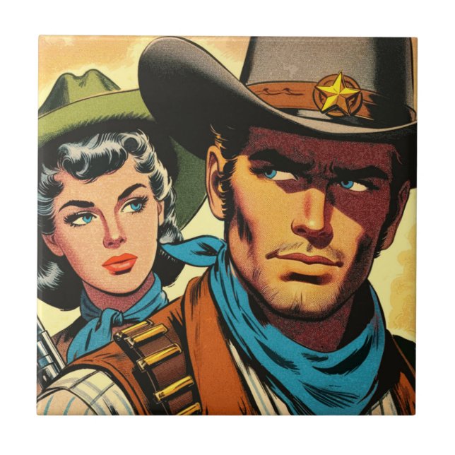 Azulejo Cowboy/Cowgirl Retro Comics (Frente)