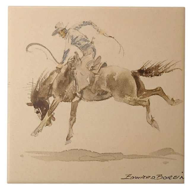 Azulejo Cowboy en un maldito caballo por Edward Borein (Frente)