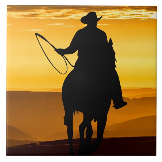 Azulejo Cowboy Horse Sunset Silhouette (Frente)