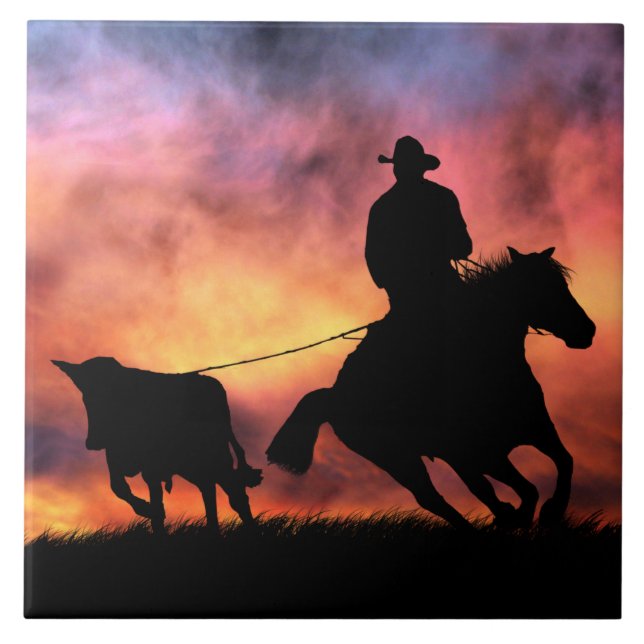 Azulejo Cowboy Steer Roping en el atardecer (Frente)