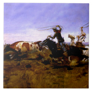 Azulejo "Cowboys Roping a Steer" por Charles M Russell
