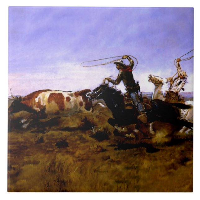 Azulejo "Cowboys Roping a Steer" por Charles M Russell (Frente)