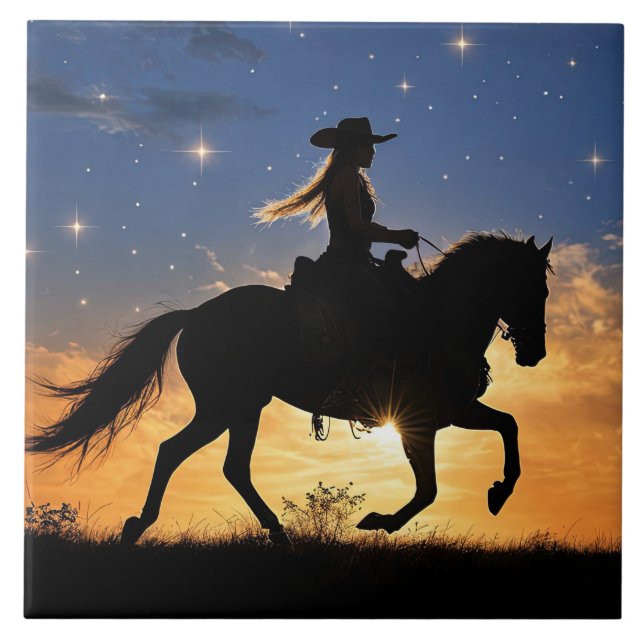 Azulejo Cowgirl and Horse Sunset Fantasy Country Western (Frente)