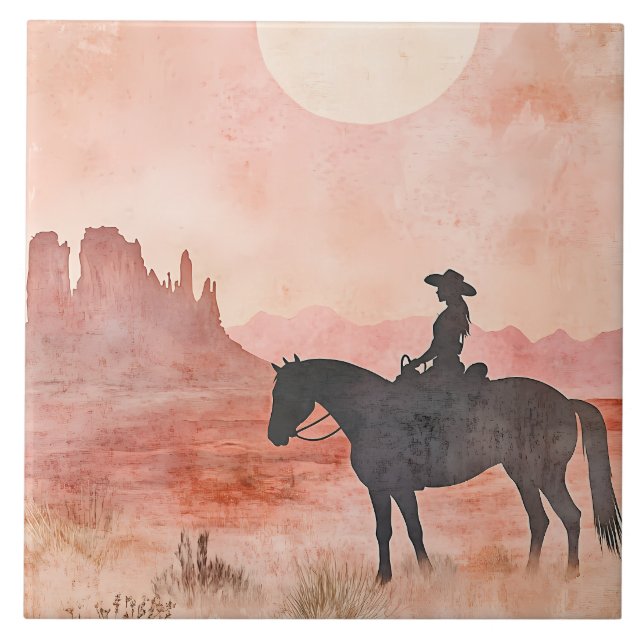 Azulejo Cowgirl on Horse Southwestern Sunset Scene (Frente)