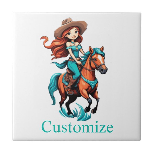 Azulejo Cowgirl Riding Pony Thunder_Cove (Frente)