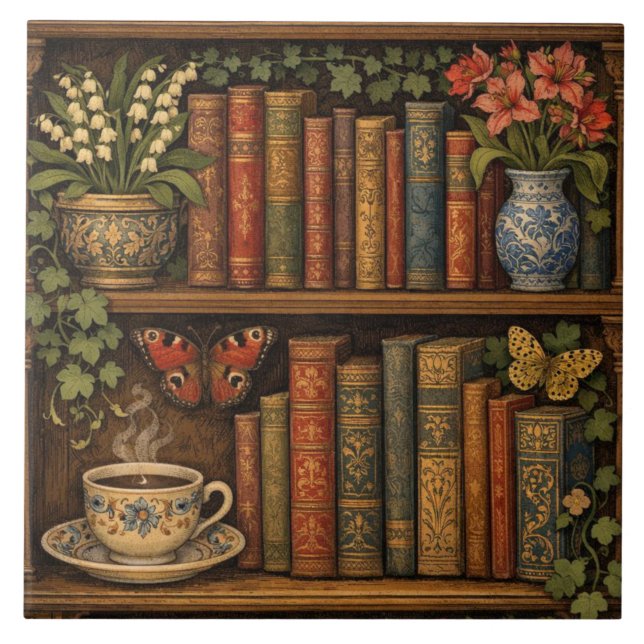 Azulejo Cozy retro book shelf botanical coffee tea lover (Frente)