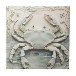 Azulejo Crab Art Nouveau Faux Relief White & Mint Pastel