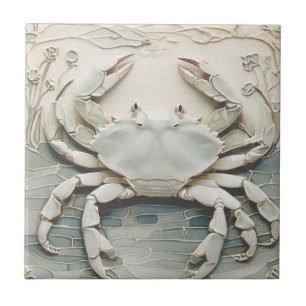 Azulejo Crab Art Nouveau Faux Relief White & Mint Pastel