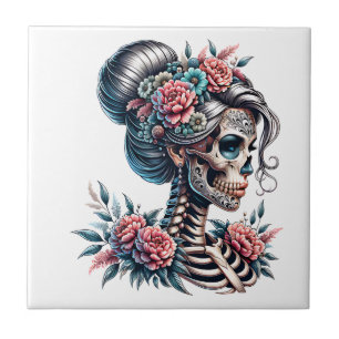 Azulejo Cráneo de Mujer Día de los Muertos Esqueleto
